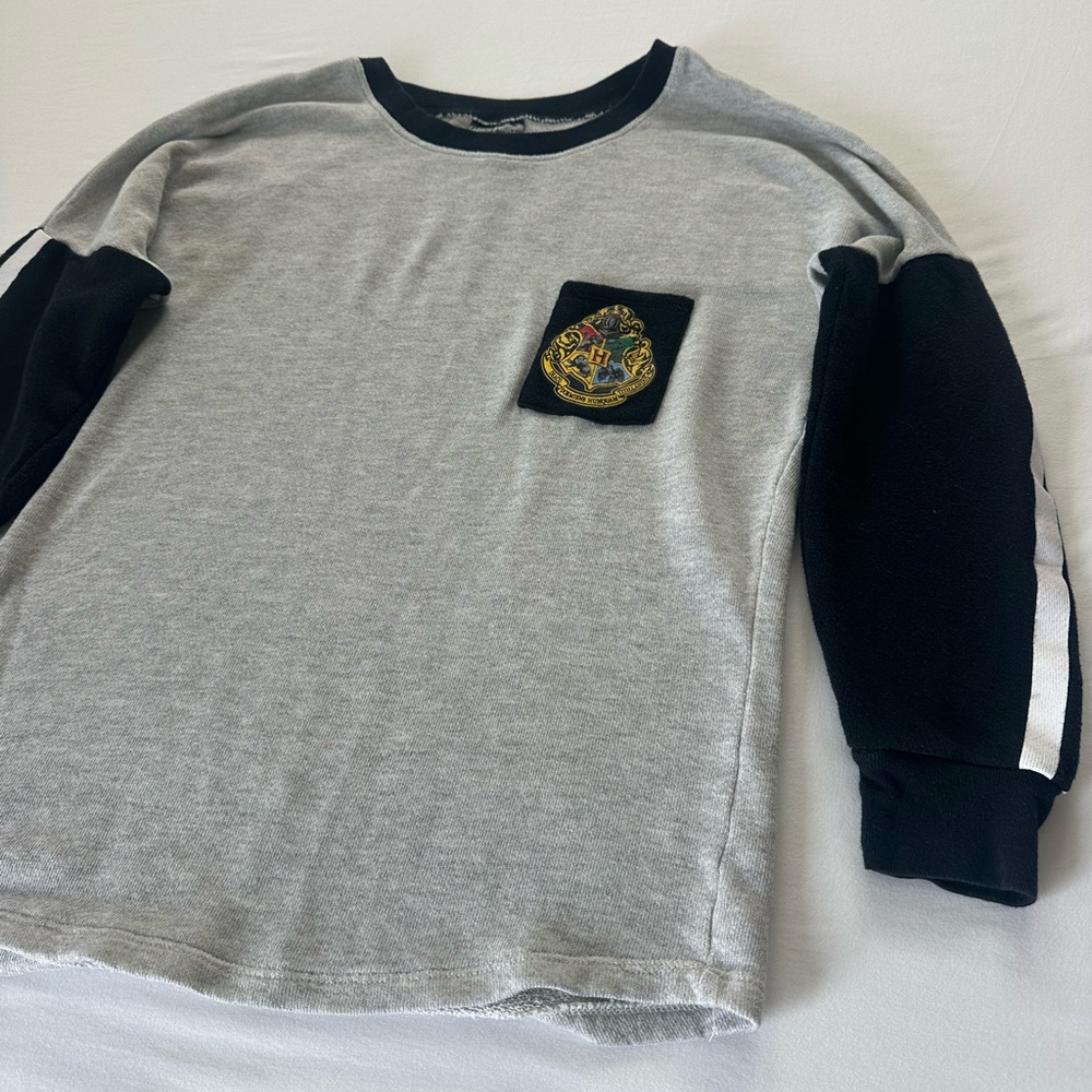 Gray and Black Crewneck Sweater with Crest Patch